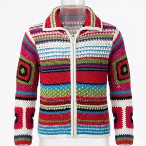 Copper Key Kids Granny Square Crochet Sleeve Sweater Girls 7/8 Zip Ramie Cotton